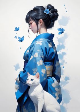Cat and kimono girl