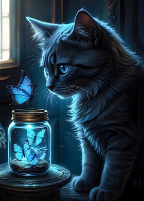 Cat Butterflies And Jar