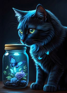 Cat Butterflies And Jar