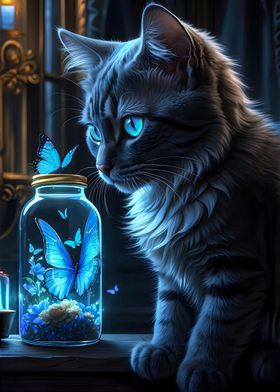 Cat Butterflies And Jar