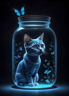 Cat Butterflies And Jar