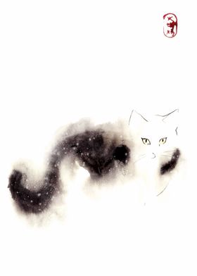 Sumi e ink Cat painting