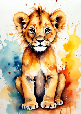 watercolor cute baby lion 
