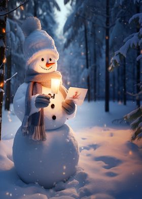 A snowman reads a postcard