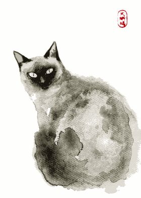 Sumi e ink Cat painting