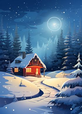 Cabin in Winter at Night