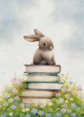 Cute rabbit on books