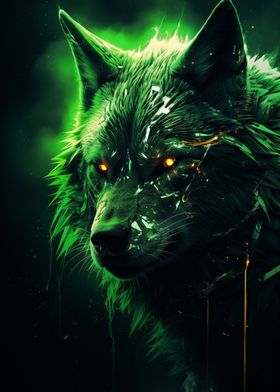 evil black wolf in green