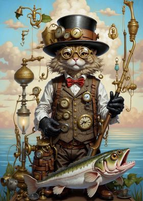 Steampunk Cat Bass Fishing