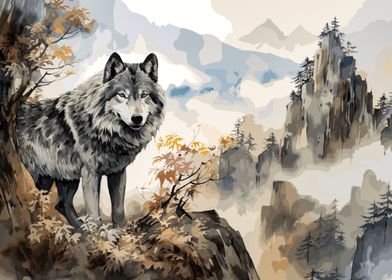 wolf japanese landscape