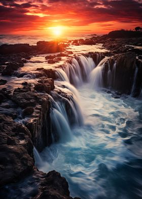 waterfall at sunset