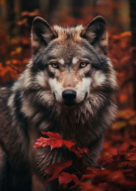 Wolf in red forest