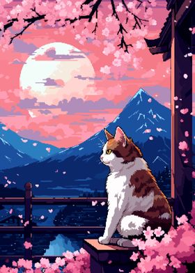 Zen Japanese Cat Pixel Art