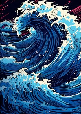 Dark blue Great Wave Retro