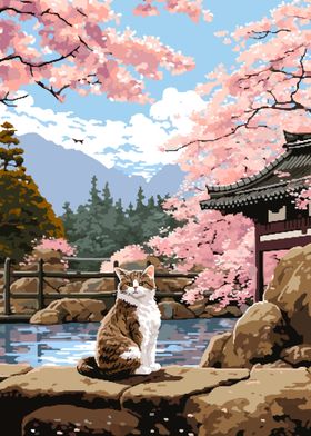 Cat Japan Sakura Pixel Art