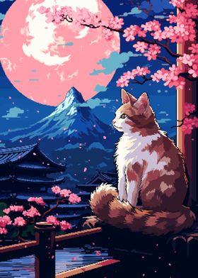 Japan Cat Sakura Pixel Art