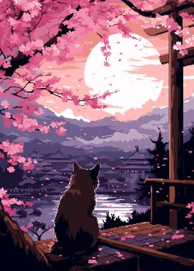 Japan Cat Sunset Pixel Art