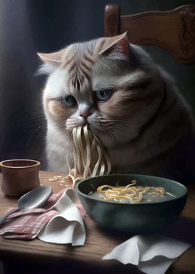 cat eating noodles