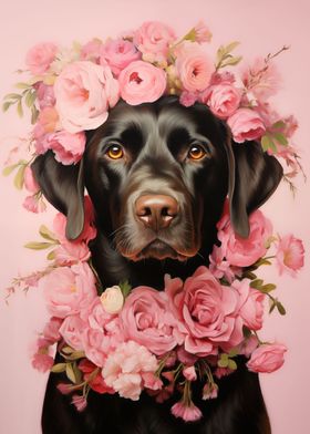 Labrador with pink flowers