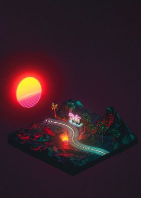 Isometric outrun sunset