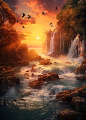 waterfall in sunset