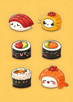 Several Cartoon sushi