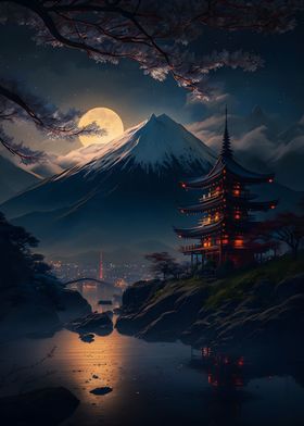 Japanese Temple Night Lake