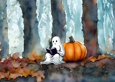 Ghost Reading With Pumpkin