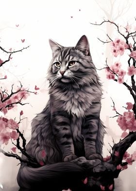 Cherry Blossom Gray Cat