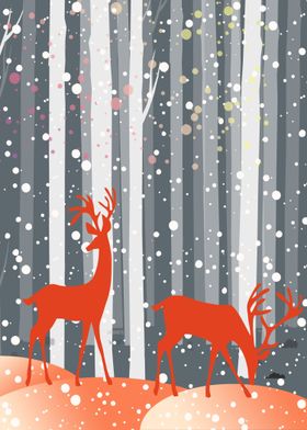 Winter forest with deer