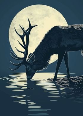 Deer Drink Water Moonlight
