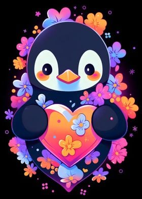 Penguin Flowers and Hearts