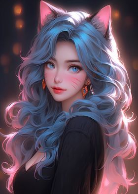 Cat Girl Blue Neon Anime