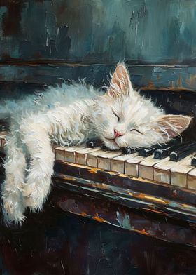 White Cat Sleep On Piano