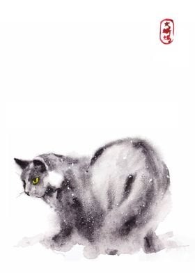 Sumi e ink Cat painting