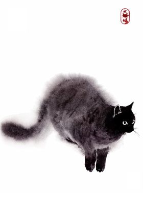 Sumi e ink Cat painting