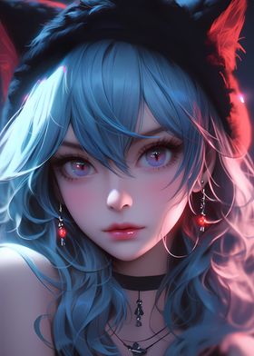 Cat Girl Blue Neon Anime