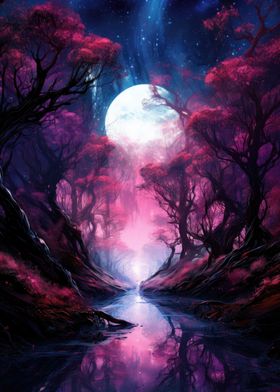 Colorful Trees River Moon