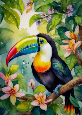 Toucan in botanical back