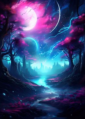 Colorful Trees River Moon