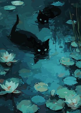 two black cats in a lake 