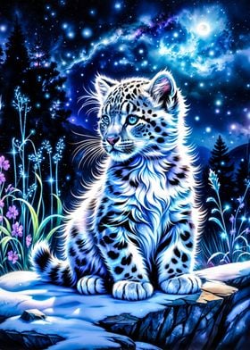 Snow Leopard in night rock