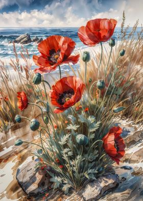 Red Poppies by the sea