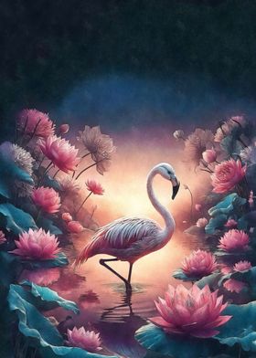 Flamingo in lotus pond