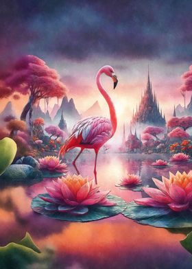 Pink flamingo with lotuses