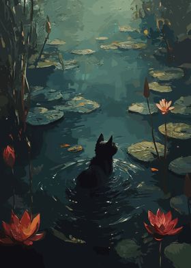 cute black cat in a lake