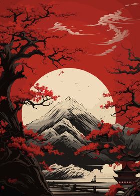 Japan Landscape Red Black