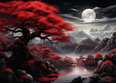 Japan Landscape Red Black