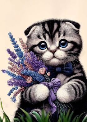 Tabby kitten and lavender