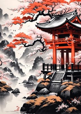 Japanese Temple Ink Wash